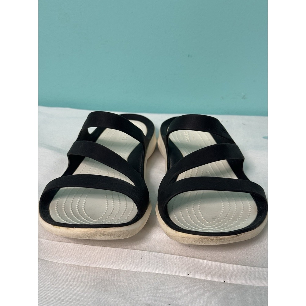 Crocs Swiftwater White Black Strappy Slide Sandals Womens Size 7 Iconic Slip‎ On
